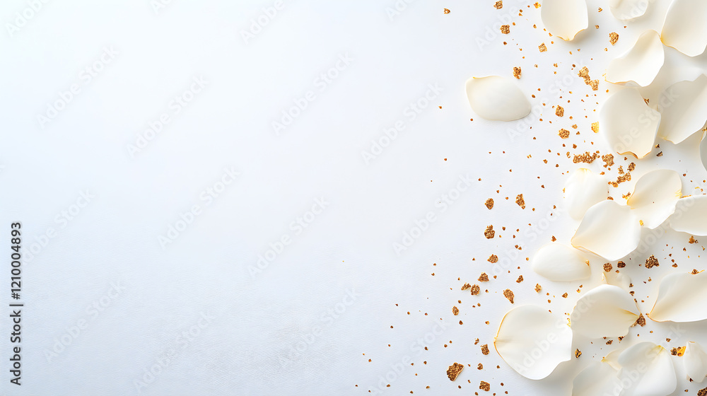 Elegant white rose petals scattered on a clean white background with shimmering gold glitter, creating a luxurious and romantic composition perfect for event invitations. Selective focus Elegant white rose petals scattered on a clean white background with shimmering gold glitter, creating a luxurious and romantic composition perfect for event invitations. Selective focus