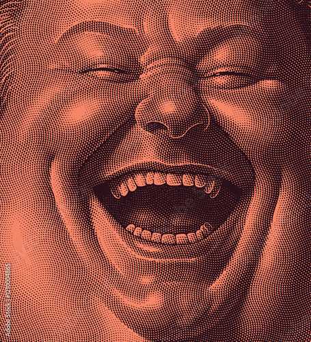 Portrait of a laughing fat man. Editable hand drawn illustration. Vector vintage engraving. 8 EPS photo