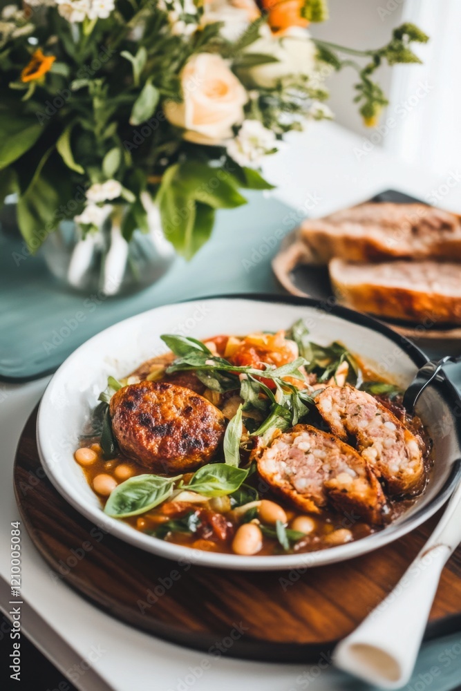 Braised white beans and sausage with herbs and tomatoes in a bowl Braised white beans and sausage with herbs and tomatoes in a bowl