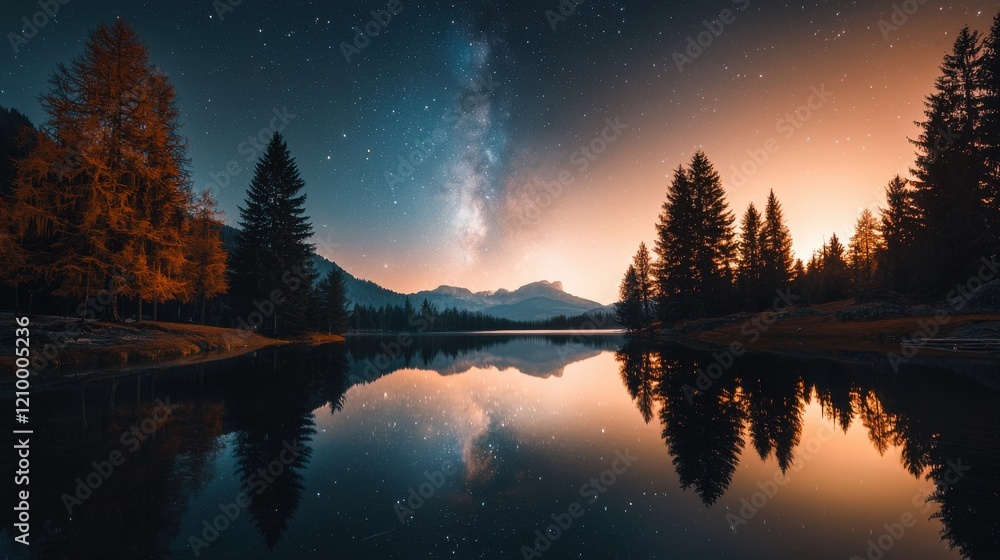 Serene Nightscape Reflecting in Tranquil Mountain Lake Under Starry Milky Way Sky Serene Nightscape Reflecting in Tranquil Mountain Lake Under Starry Milky Way Sky