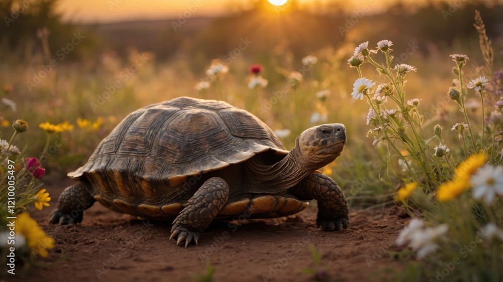 Fototapeta premium A tortoise walks through a field of colorful wildflowers at sunset.