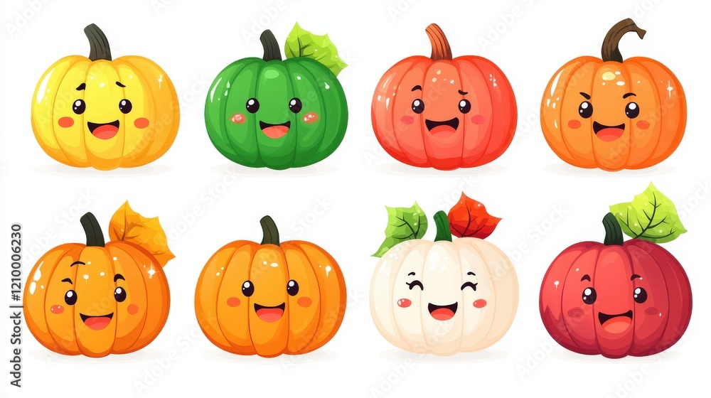 Cute and Simple Illustration of Chubby Smiling Pumpkins in Various Colors with Cheerful Expressions and Leaves Cute and Simple Illustration of Chubby Smiling Pumpkins in Various Colors with Cheerful Expressions and Leaves