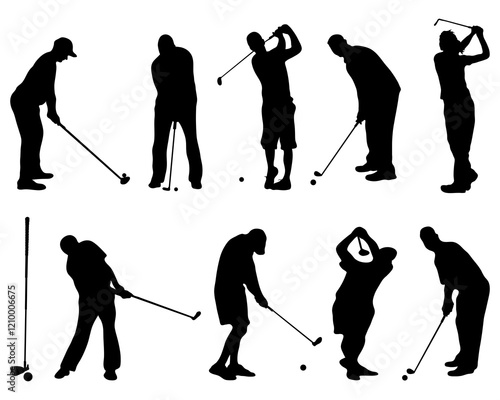 Black silhouettes of golf players on a white background