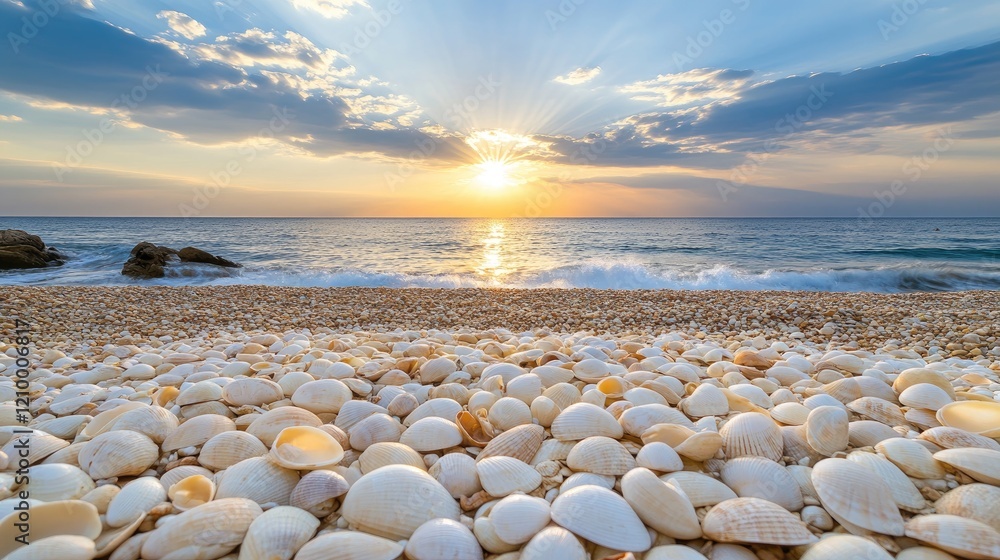 Obraz premium Shells blanket the beach as the sun sets, illuminating the ocean waves with a warm and inviting glow