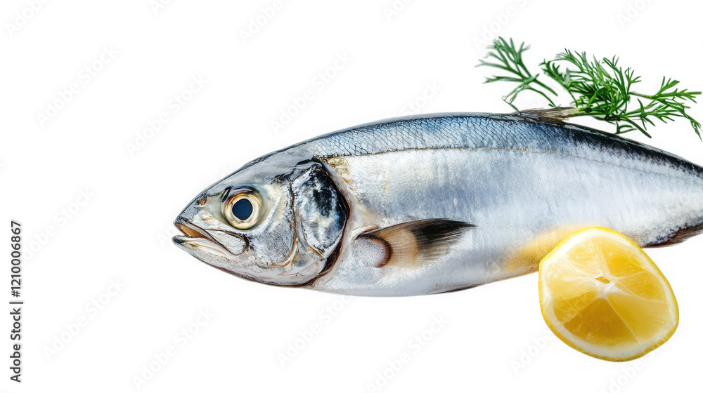 fresh fish placed on a clean surface. accompanied by a slice of lemon and a sprig of herbs. suggesting preparation for cooking or presentation as a dish the composition highlights the fish's shiny sca fresh fish placed on a clean surface. accompanied by a slice of lemon and a sprig of herbs. suggesting preparation for cooking or presentation as a dish the composition highlights the fish's shiny sca