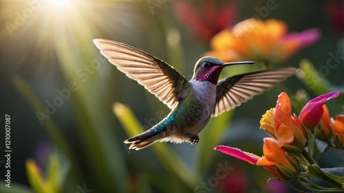 A vibrant hummingbird hovering near colorful flowers in a sunlit garden. photo