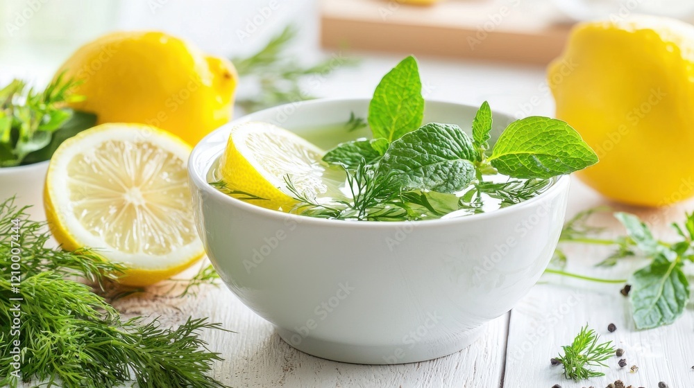 Refreshing Mint and Lemon Detox Drink in White Bowl with Fresh Herbs on Wooden Background Refreshing Mint and Lemon Detox Drink in White Bowl with Fresh Herbs on Wooden Background