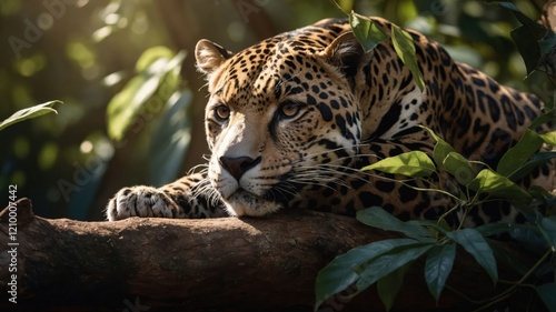 A jaguar rests on a branch surrounded by lush green foliage.