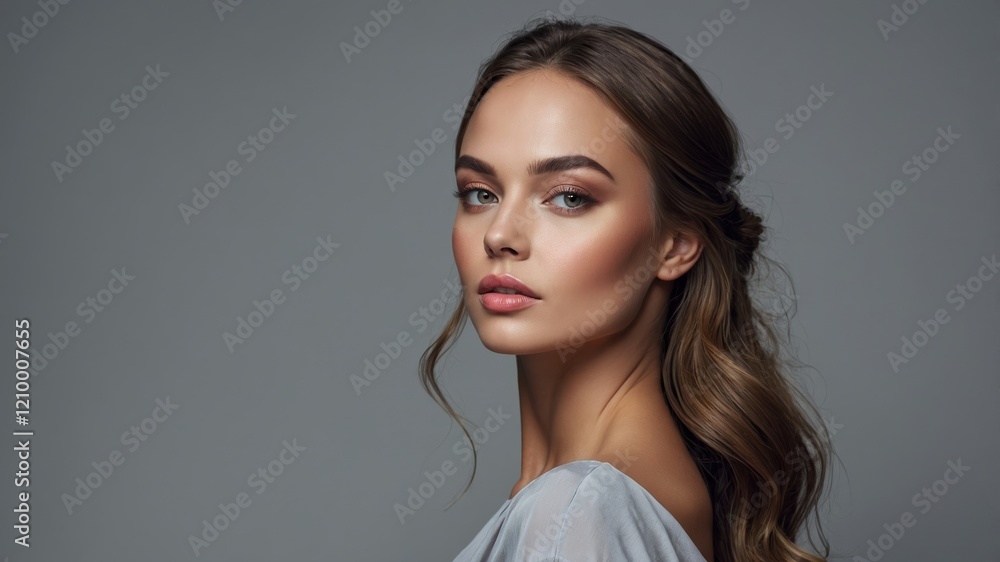 Model poses elegantly against a grey backdrop showcasing beauty and confidence with natural makeup and soft waves in her hair