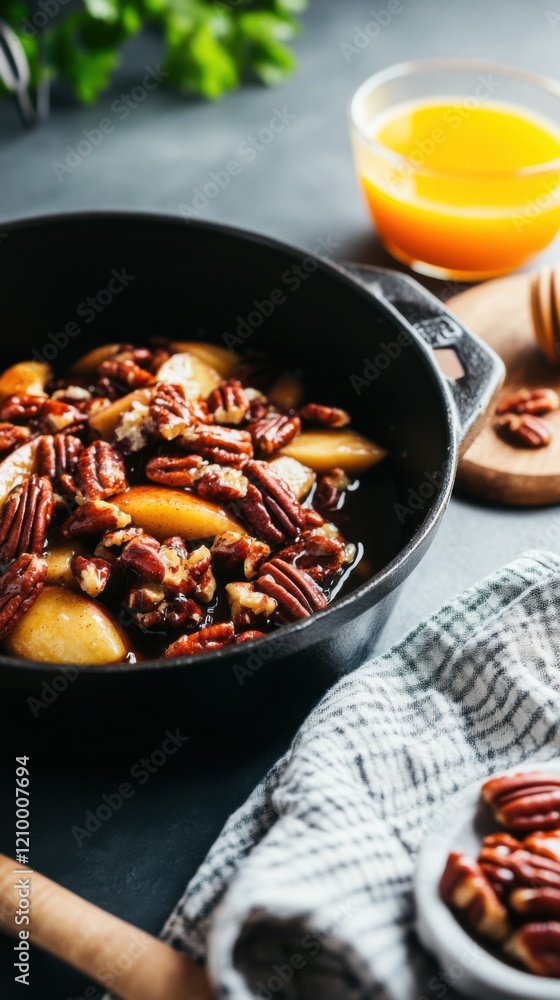 Perfectly baked apples with cinnamon and toasted pecans in a Dutch oven Perfectly baked apples with cinnamon and toasted pecans in a Dutch oven