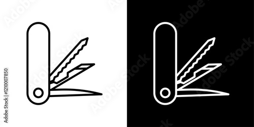 Swiss knife icons set in thin black and white liner strokes