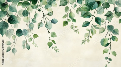 Watercolor Painting of Green Leaves on Beige Background