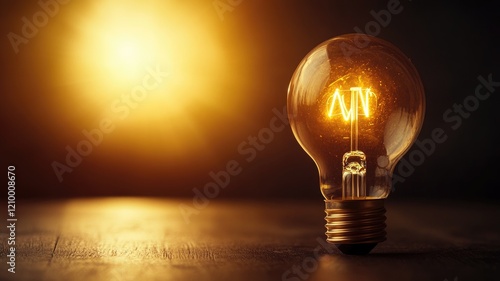 Lit incandescent bulb glowing warmly in dark photo