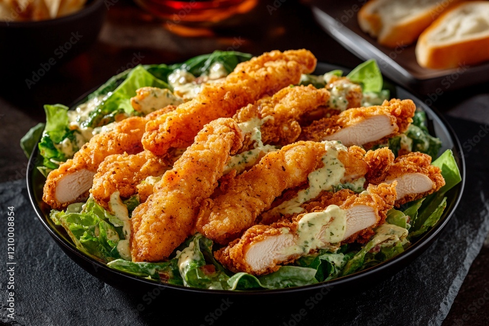 Crispy chicken strips atop a fresh bed of greens with creamy dressing served in a rustic setting Crispy chicken strips atop a fresh bed of greens with creamy dressing served in a rustic setting