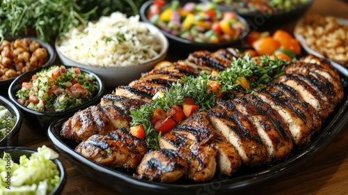 Elegant Family Dining Setting with Large Platter of Grilled Chicken