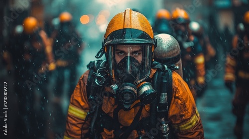 Firefighter in protective gear facing the camera, showcasing bravery and determination photo