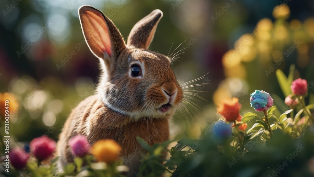 Fototapeta premium A rabbit surrounded by colorful flowers in a vibrant garden setting.