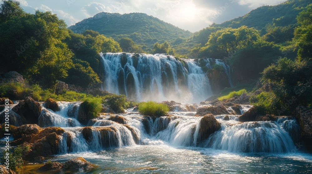 Fototapeta premium Majestic Waterfall Cascading Down Rocky Terrain with Lush Greenery in a Mountainous Landscape