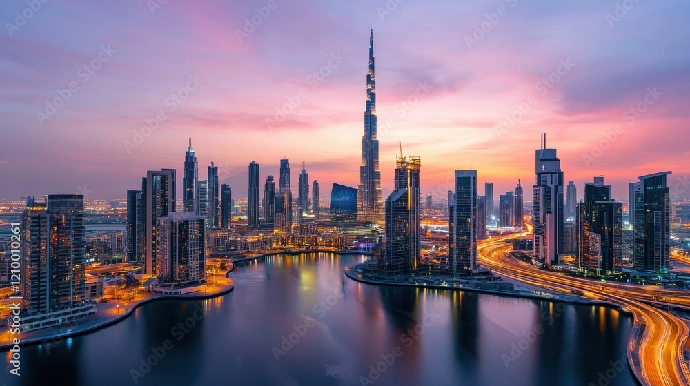 Fototapeta premium Breathtaking Skyline of Dubai s Modern Cityscape at Mesmerizing Sunset