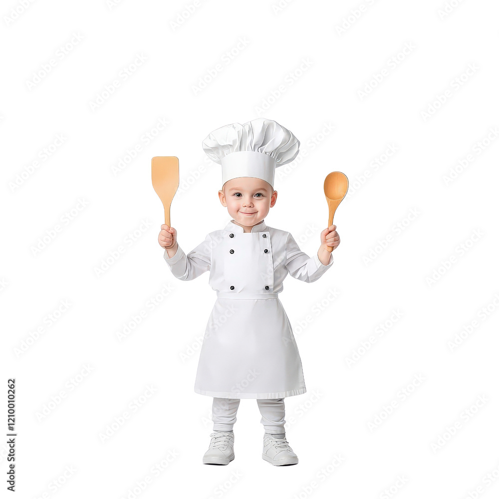 Happy Child Chef with Wooden Spoons in Kitchen Outfit Happy Child Chef with Wooden Spoons in Kitchen Outfit