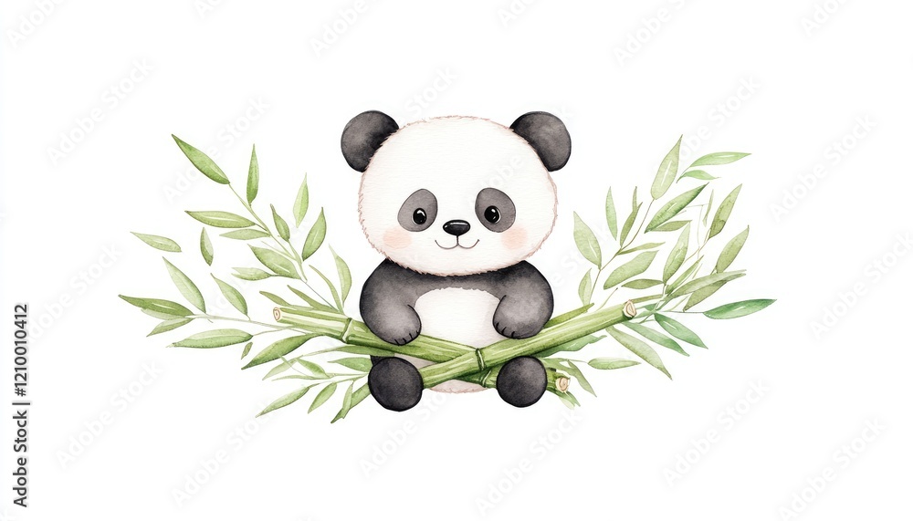 Cute panda character sitting on bamboo with green leaves, playful and cheerful atmosphere Cute panda character sitting on bamboo with green leaves, playful and cheerful atmosphere