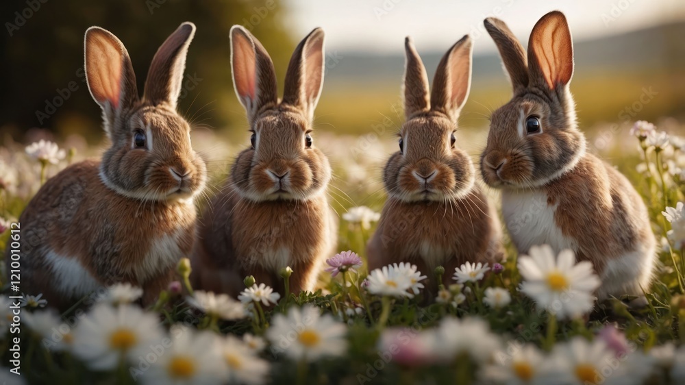 Fototapeta premium Four rabbits sitting in a field of daisies during golden hour.