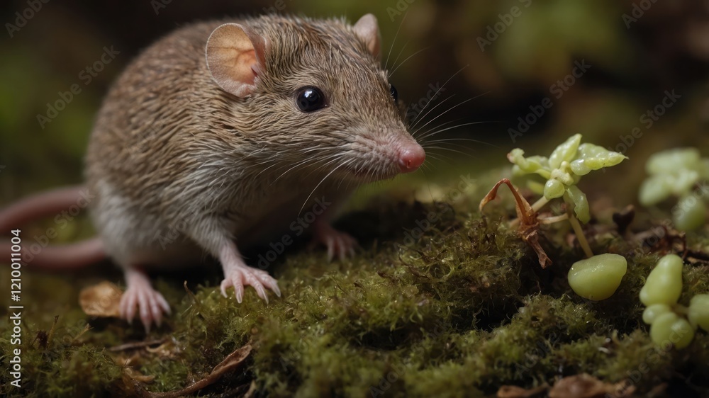 A close-up of a small mouse on moss with delicate plants in the background. A close-up of a small mouse on moss with delicate plants in the background.