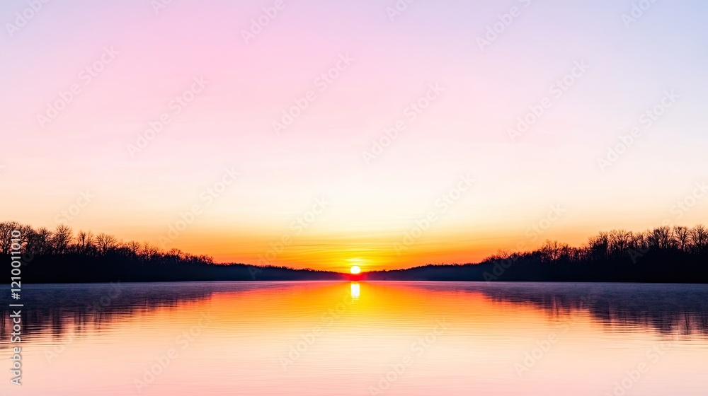 Fototapeta premium Serene sunset over tranquil lake reflecting vibrant colors, surrounded by trees and calm waters