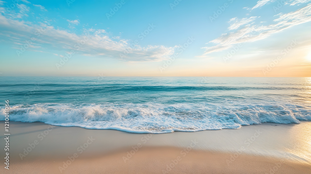 Beautiful Beach with Calm Waves Under a Clear Blue Sky at Sunrise : Generative AI Beautiful Beach with Calm Waves Under a Clear Blue Sky at Sunrise : Generative AI