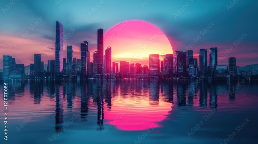 Fototapeta premium Futuristic Cityscape Reflected in Serene Waters at Vibrant Sunset