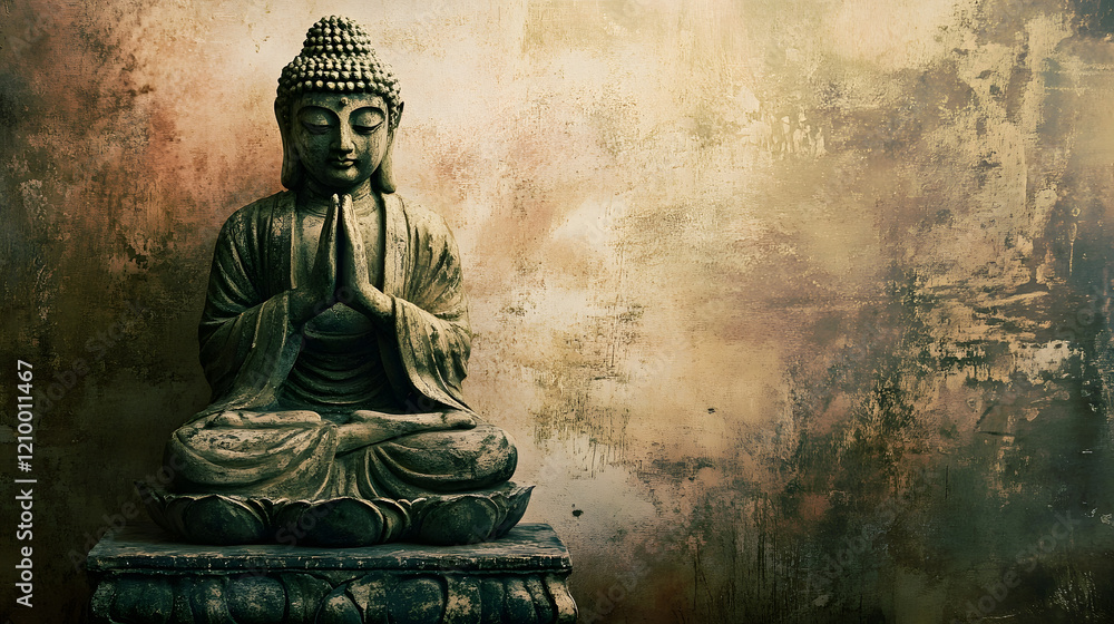 Meditative Buddha statue in serene setting with textured background : Generative AI