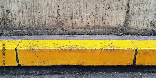 Concrete wall with a bright yellow curb at the base contrasting with the gray surface, showcasing urban textures and colors in detail. photo