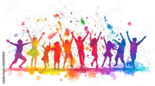 An icon of a playful Holi scene with people dancing and throwing colors on a white background