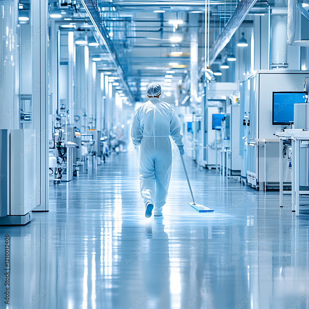clean and modern factory with bright lighting, showcasing worker in white suit sweeping floor. environment emphasizes hygiene and efficiency clean and modern factory with bright lighting, showcasing worker in white suit sweeping floor. environment emphasizes hygiene and efficiency
