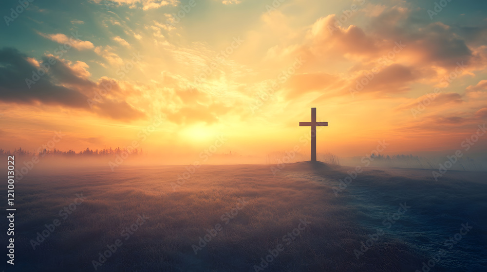 Serene Sunrise with Cross Silhouette in Misty Field for Inspirational and Spiritual Themes : Generative AI Serene Sunrise with Cross Silhouette in Misty Field for Inspirational and Spiritual Themes : Generative AI