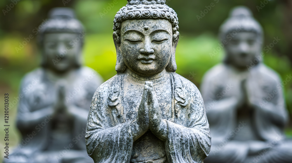 Three Stone Buddha Statues in a Peaceful Garden Representing Meditation and Harmony : Generative AI Three Stone Buddha Statues in a Peaceful Garden Representing Meditation and Harmony : Generative AI