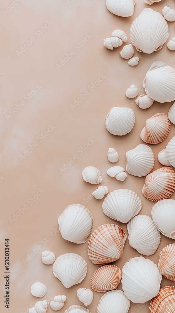 Seashells scattered on soft sand evoke the essence of summer beach vacations and tranquil travel experiences Seashells scattered on soft sand evoke the essence of summer beach vacations and tranquil travel experiences