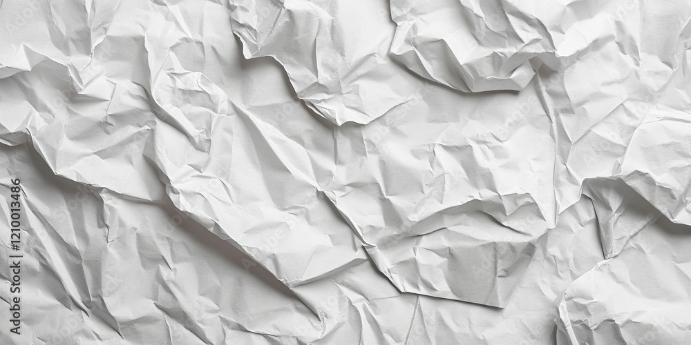 Obraz premium Crumpled white paper texture with deep folds and shadows creating a dynamic surface, highlights contrasting on a light background for a vintage effect
