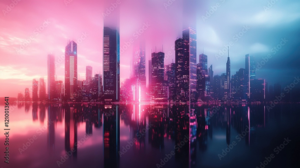 Obraz premium Dazzling Futuristic Cityscape with Illuminated Skyscrapers Reflecting in Colorful Waters at Sunset or Dusk