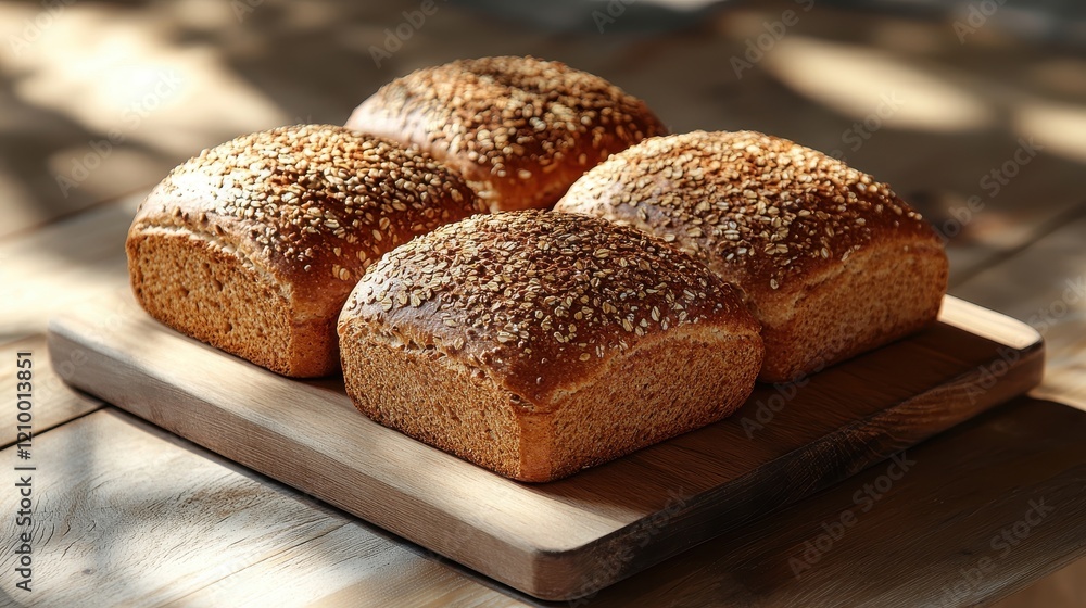 Freshly Baked Whole Grain Bread Loaves on Wooden Board Display Freshly Baked Whole Grain Bread Loaves on Wooden Board Display