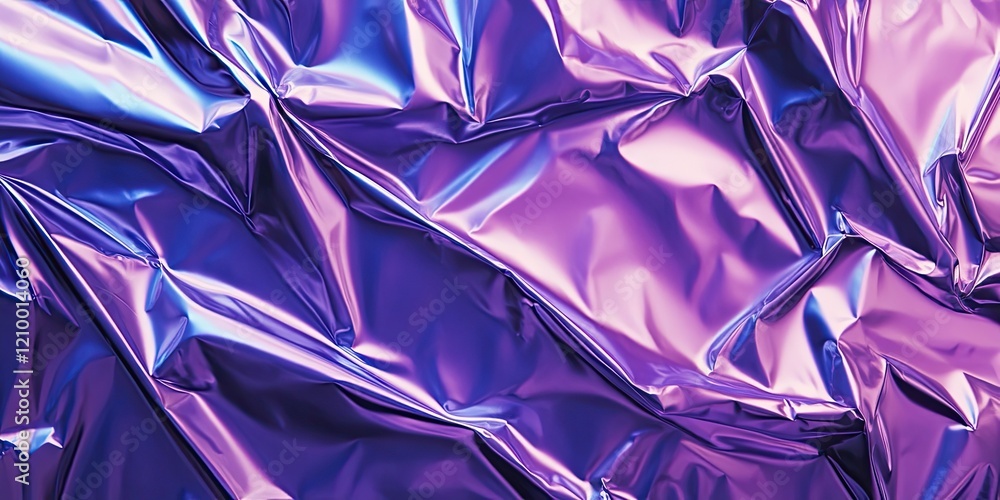 Crinkled purple and blue holographic plastic texture with reflective sheen and intricate folds creating dynamic visual interest throughout the surface Crinkled purple and blue holographic plastic texture with reflective sheen and intricate folds creating dynamic visual interest throughout the surface