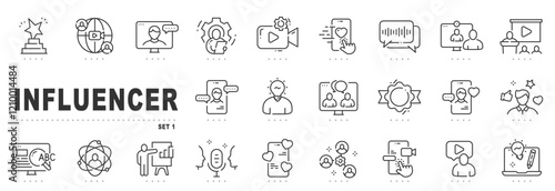 Set of influencer related line icons. Blogger, creator, audience etc. Editable stroke.