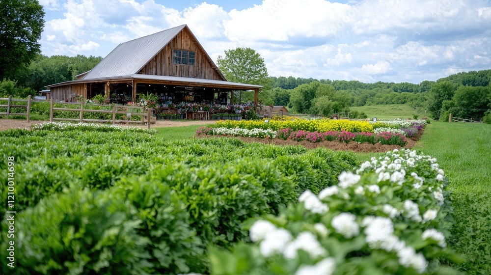 Farm shop, flowers, rural landscape, sunny day, gardening Farm shop, flowers, rural landscape, sunny day, gardening