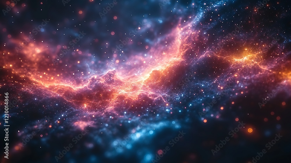 Fototapeta premium Cosmic Nebula: A vibrant nebula bursts with fiery orange and cool blue hues, a cosmic dance of light and energy, stellar dust and gas clouds intertwining in an ethereal display.