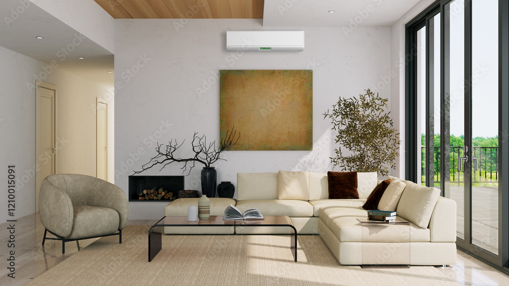 Fototapeta premium large luxury modern bright interiors room with air conditioning mockup illustration 3D rendering