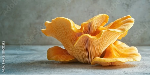 Vibrant yellow golden oyster mushroom showcasing intricate gills, positioned centrally against a textured gray background, with ample copy space around. photo