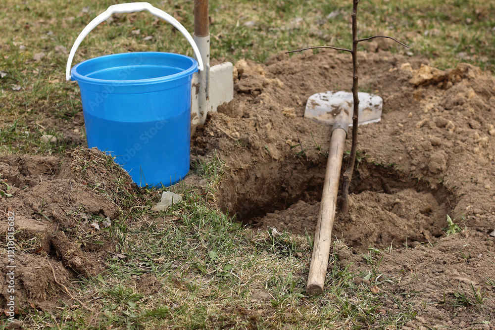 apple tree seedling next to a bucket of water and shovels. planting height level apple tree seedling next to a bucket of water and shovels. planting height level