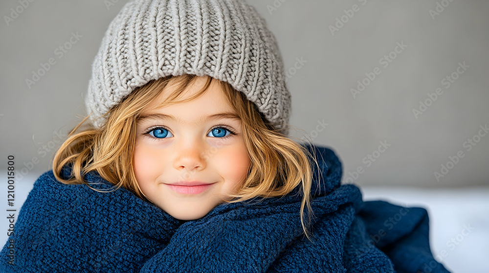 A child with blue eyes wearing a wool hat A child with blue eyes wearing a wool hat