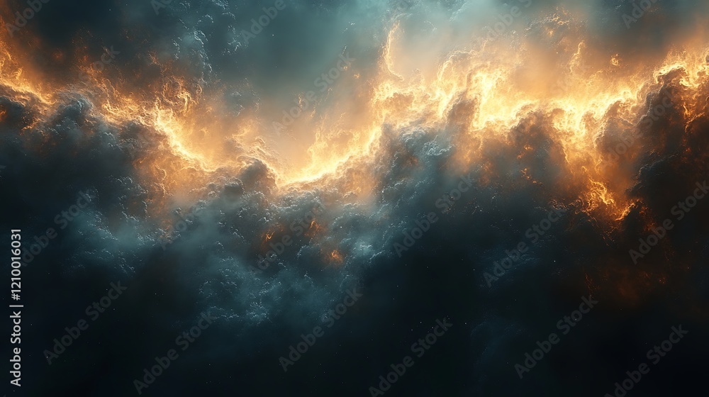 Fototapeta premium Fiery Storm Cloudscape: A dramatic cloudscape image showing a fiery orange and yellow energy surging through dark, ominous clouds. The contrast creates a powerful and intense visual.