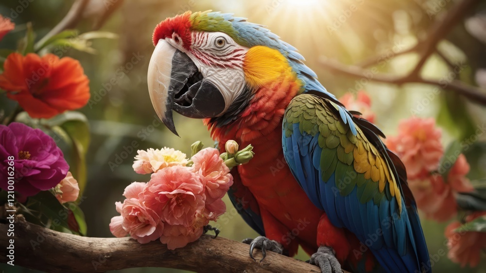 Obraz premium A vibrant parrot perched on a branch surrounded by colorful flowers in a lush setting.